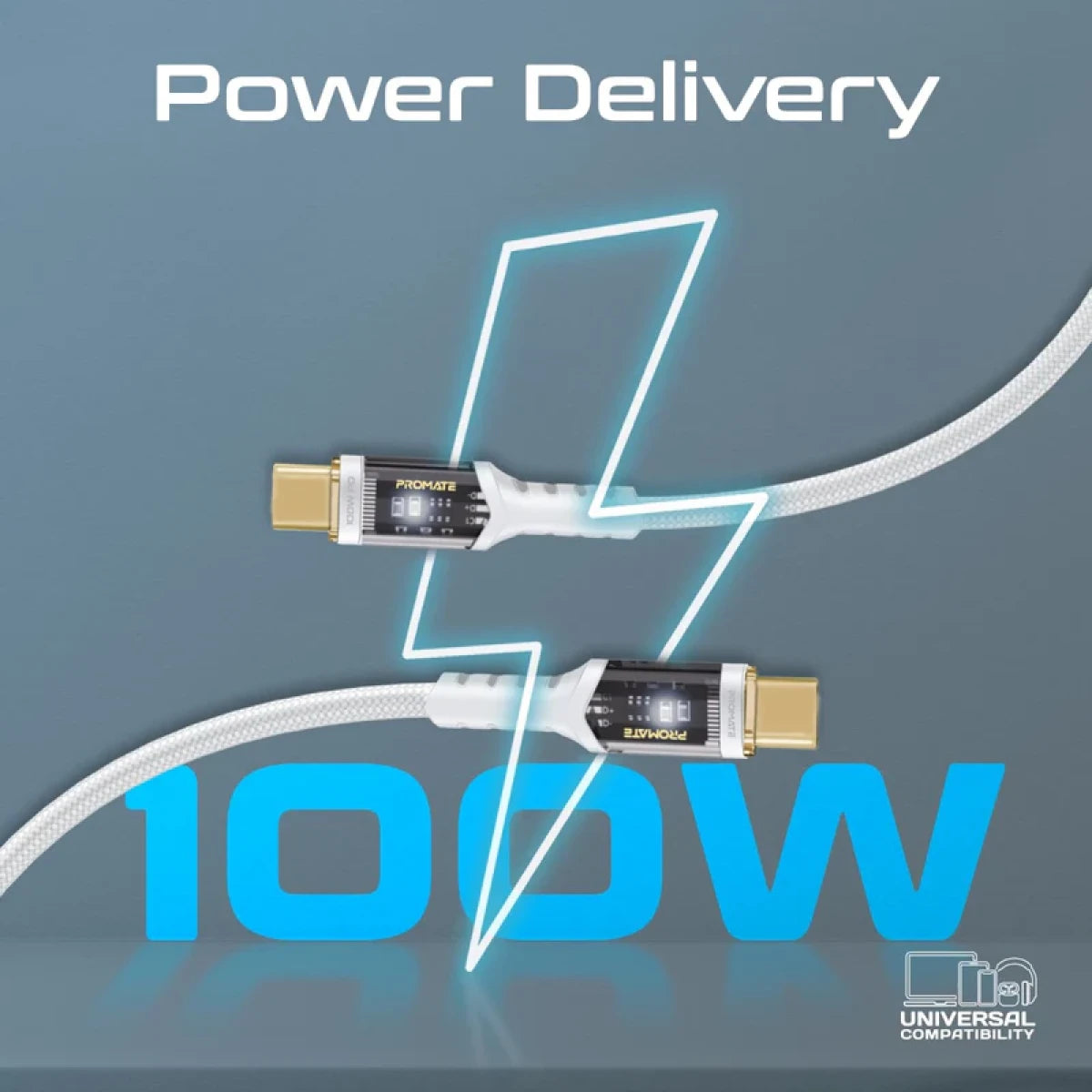 كابل بروميت لوسيدلاين-سي سي 200 عالي الشد وشفاف بقدرة 100 واط بتقنية الشحن السريع USB-C مع ضوء LED - بطول 2 متر