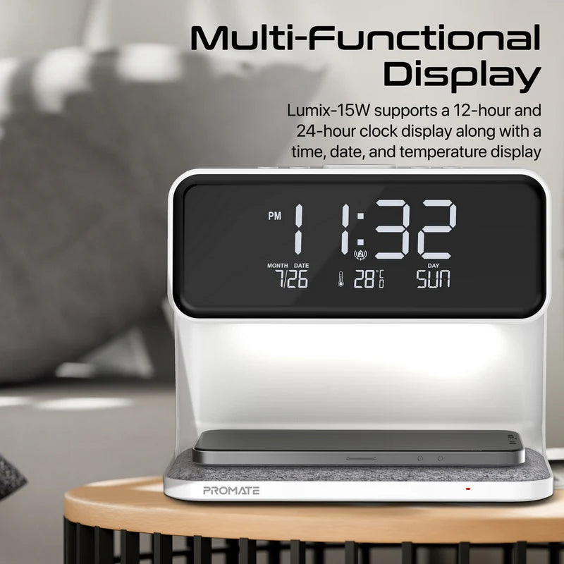 Promate Lumix-15W Multi-Function LED Alarm Clock with 15W Wireless Charger