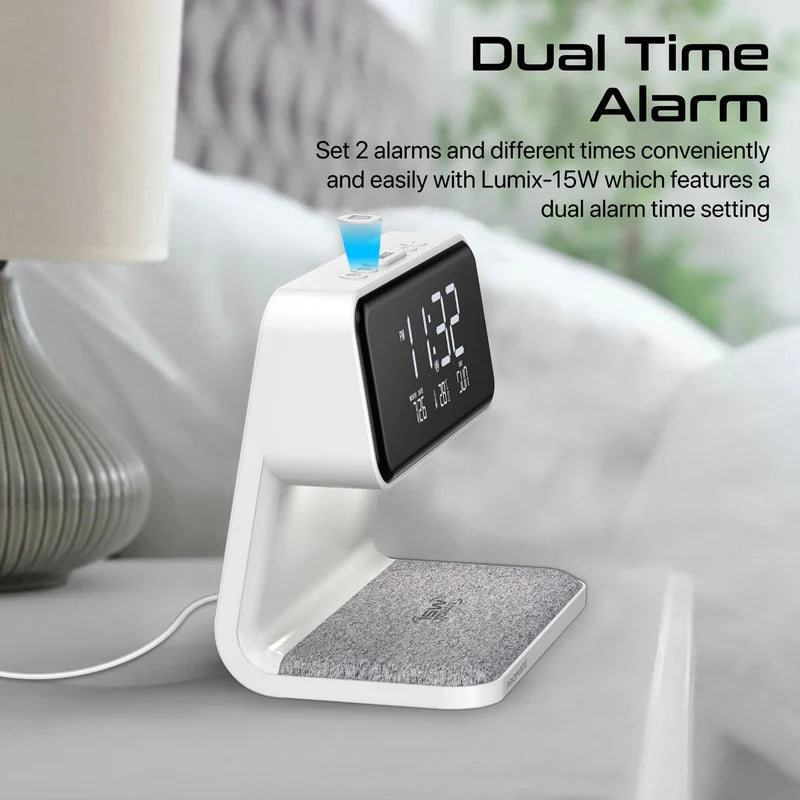 Promate Lumix-15W Multi-Function LED Alarm Clock with 15W Wireless Charger