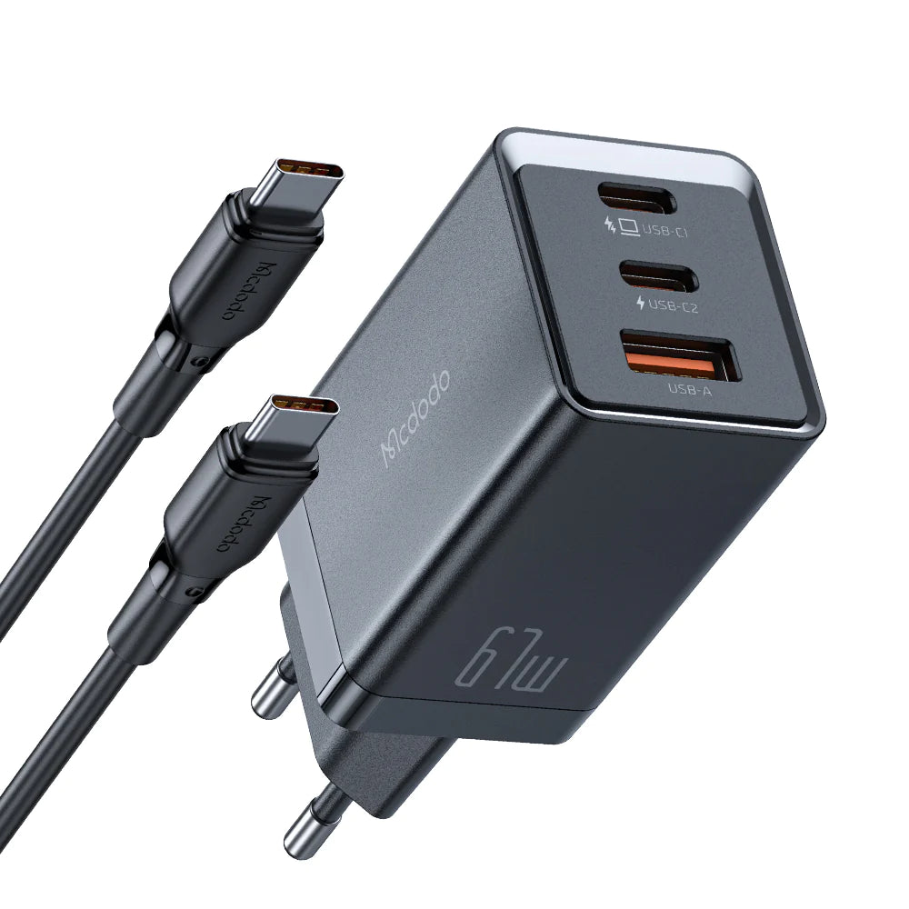 MCDODO 67W GaN Mini Fast Charger 3 Ports Full Protection - Black MCDODO 67W GaN Mini Fast Charger 3 Ports Full Protection - Black