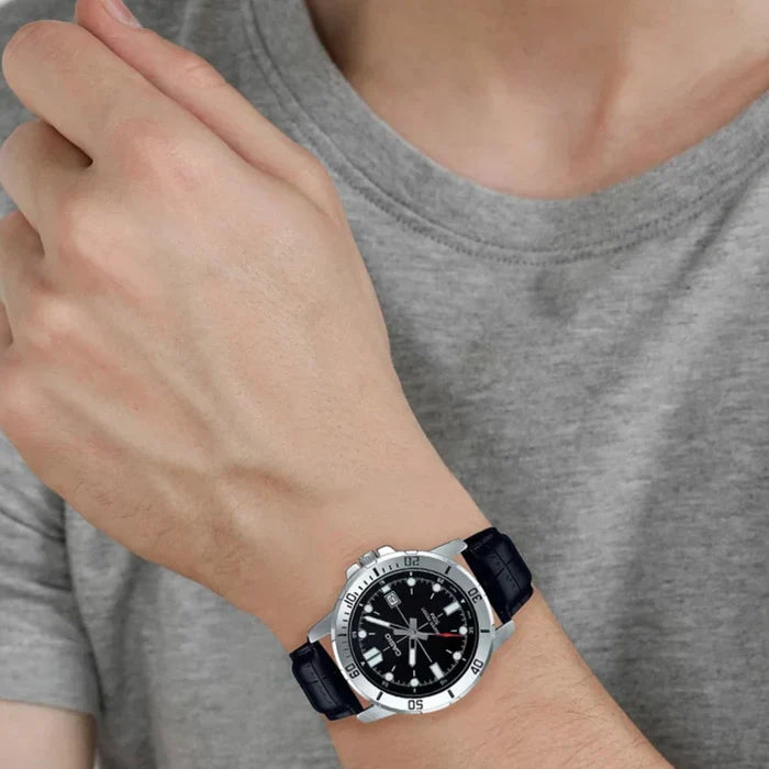 Casio Analog With Date Black Leather Black Dial for Men