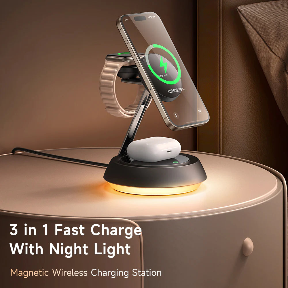 McDodo 3 in 1 15W Magnetic Wireless Charging Station with Night Light - Black McDodo 3 in 1 15W Magnetic Wireless Charging Station with Night Light - Black