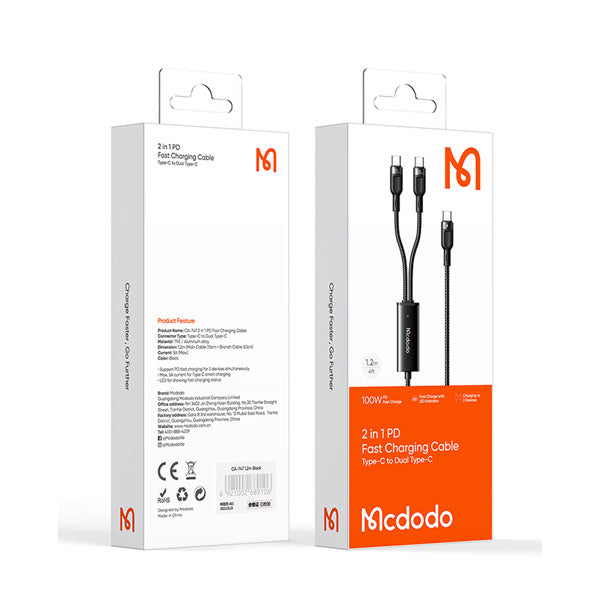 Mcdodo 2in1 100W PD Type-C To Dual Type-C Charge Cable 1.2M