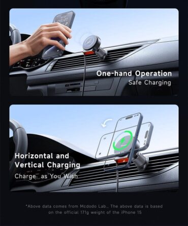 Mcdodo 15W Magnetic Wireless Car Charger with Retractable Cable - Black