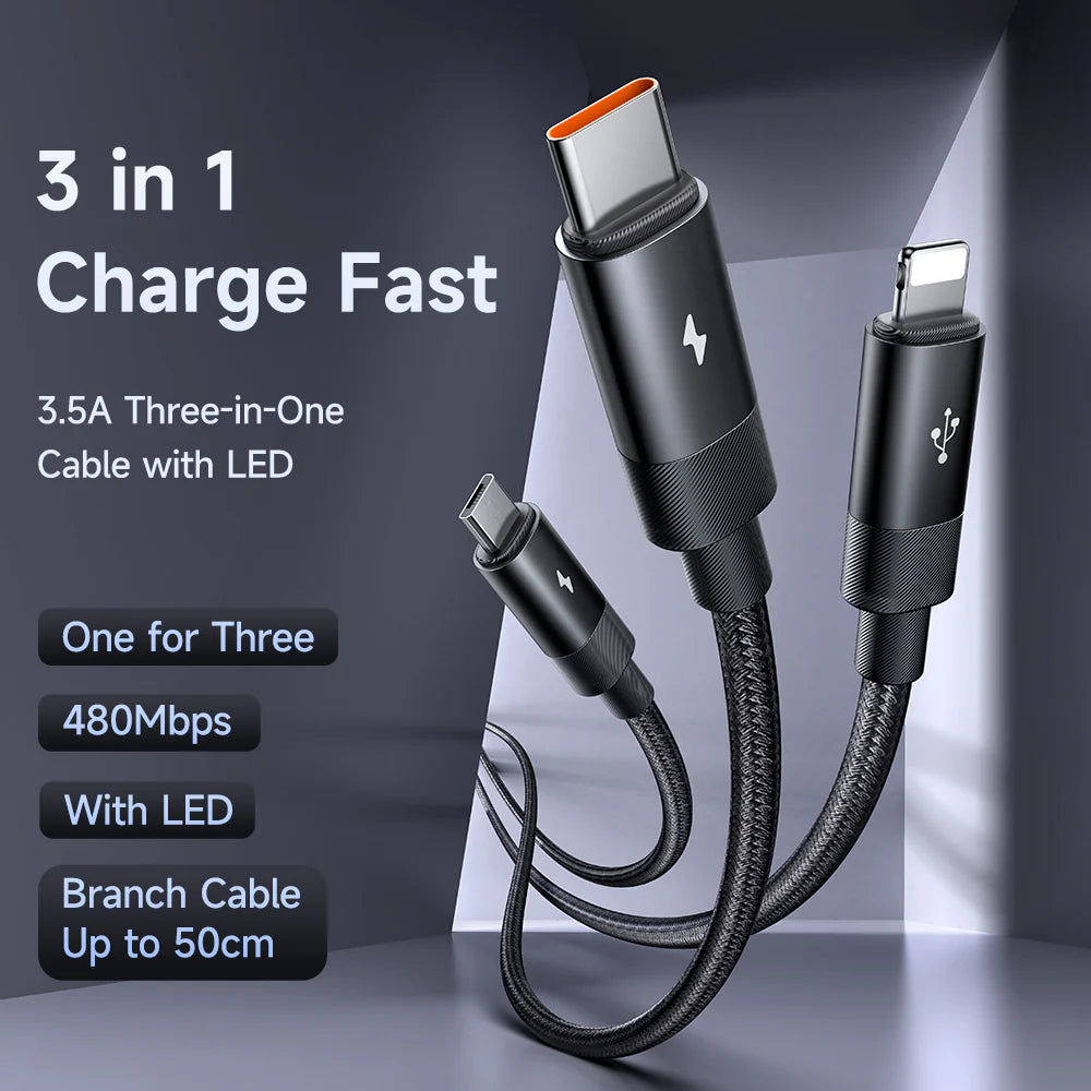 Mcdodo 3 in 1 Nylon Braided Cable with LED 1.2m - Black Mcdodo 3 in 1 Nylon Braided Cable with LED 1.2m - Black