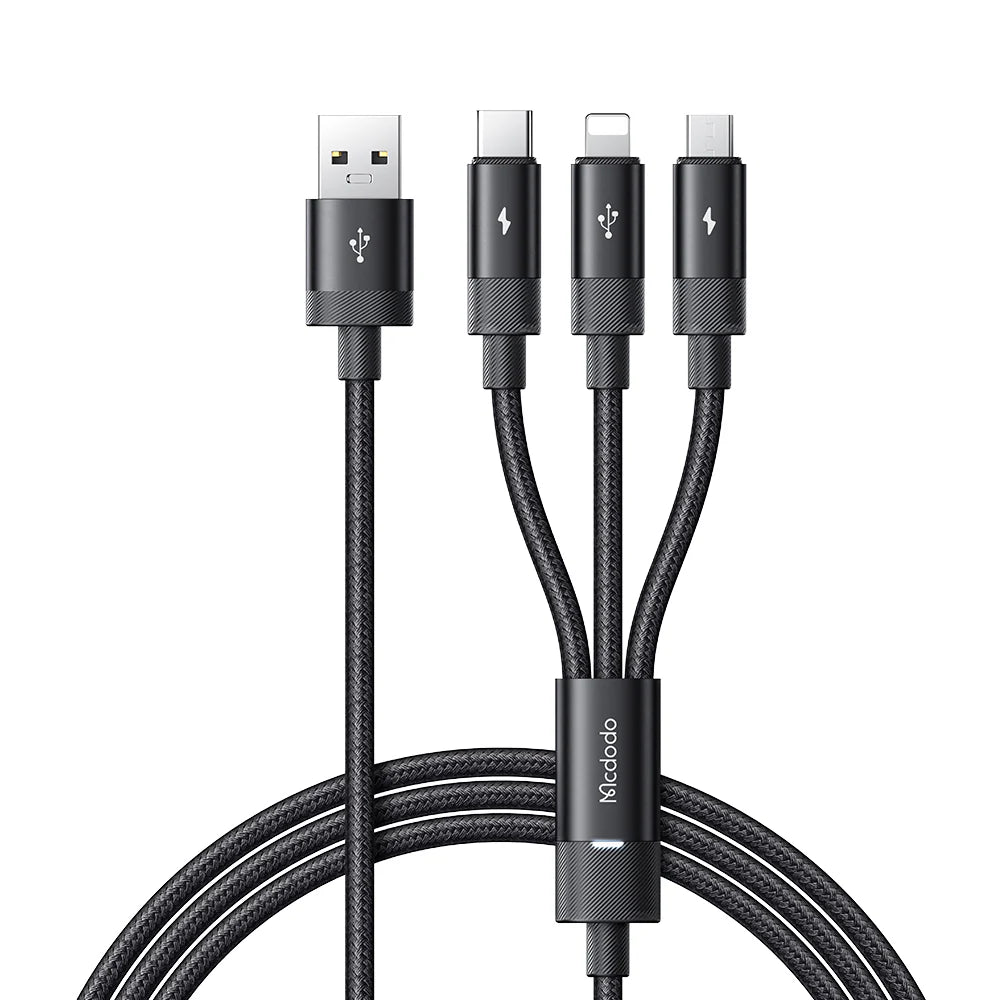 Mcdodo 3 in 1 Nylon Braided Cable with LED 1.2m - Black
