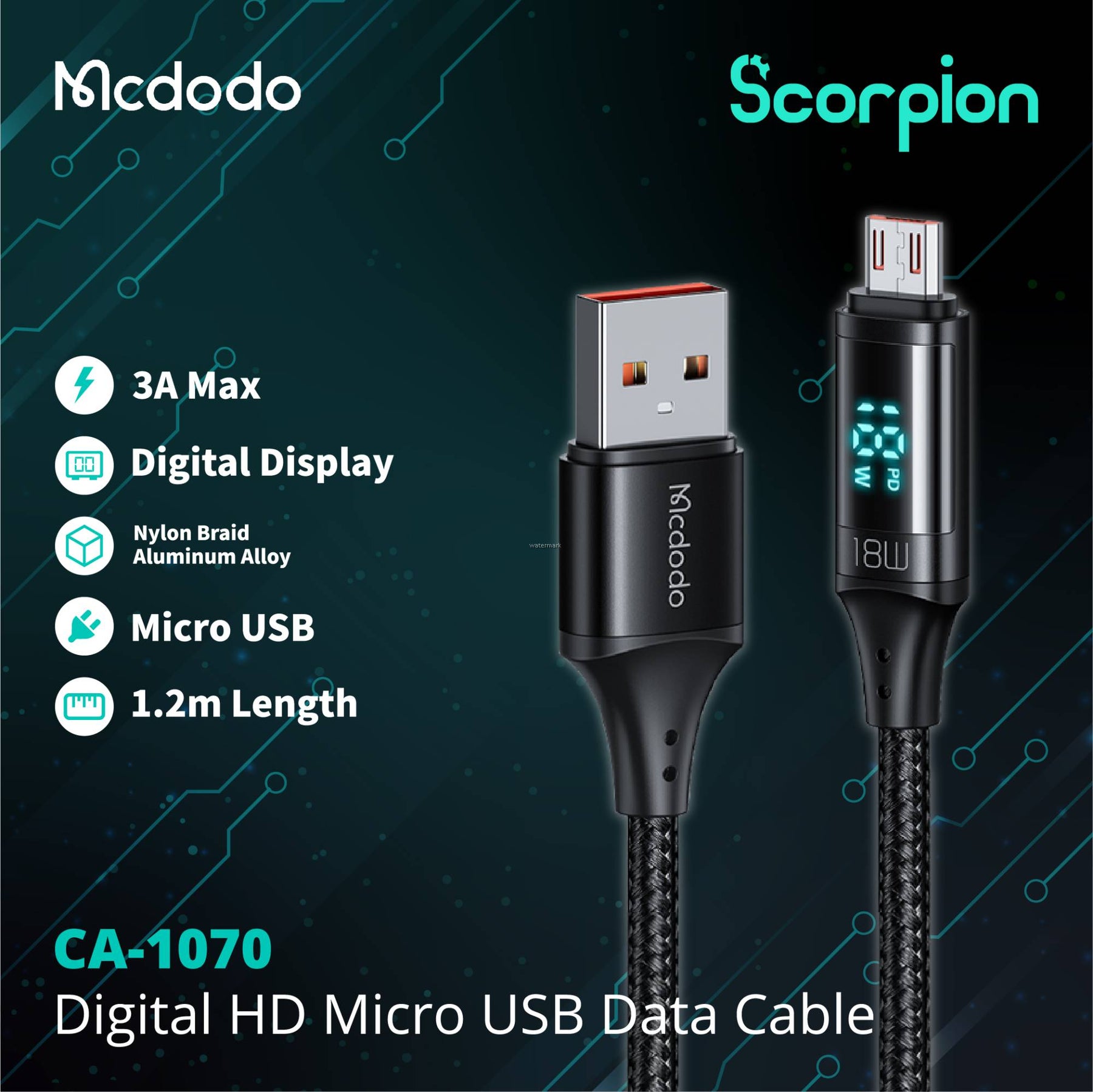 Mcdodo Micro USB Cable with Digital Display & Fast Data Transfer - Black Mcdodo Micro USB Cable with Digital Display & Fast Data Transfer - Black