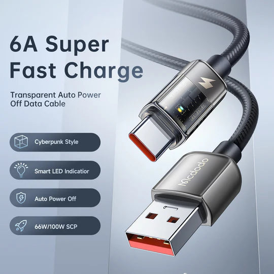 Mcdodo Transparent Type C 6A Super Charge Cable 1.2m with Auto Power Off - Black Mcdodo Transparent Type C 6A Super Charge Cable 1.2m with Auto Power Off - Black