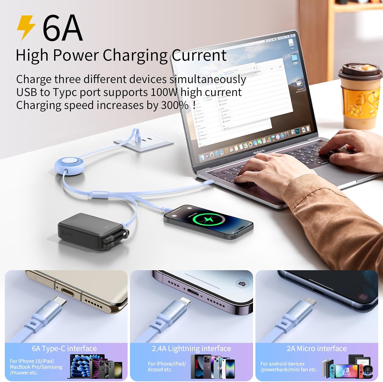 Mcdodo USB Retractable Cable for Lightning & Type C Convenient - Black & Blue