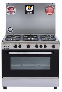 Nara NAXG/9000-BG Gas Cooker, 90 cm, Full Safety, Silver with Black Glass