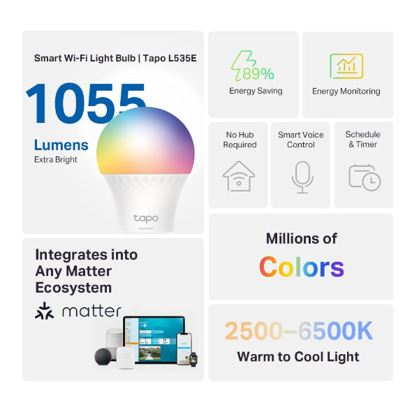 Tapo L535E Smart WiFi Light Bulb  With 1055 lumens, Multicolor