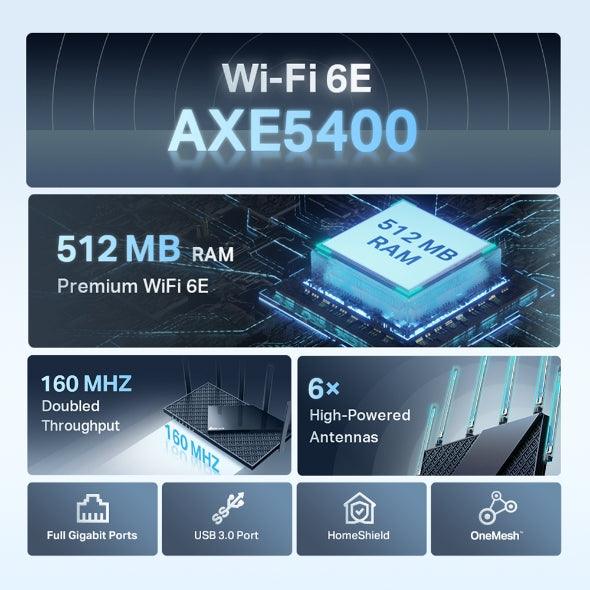راوتر تي بي لينك ثلاثي الموجات جيجابت واي فاي 6اي - أسودAXE5400 راوتر تي بي لينك ثلاثي الموجات جيجابت واي فاي 6اي - أسودAXE5400