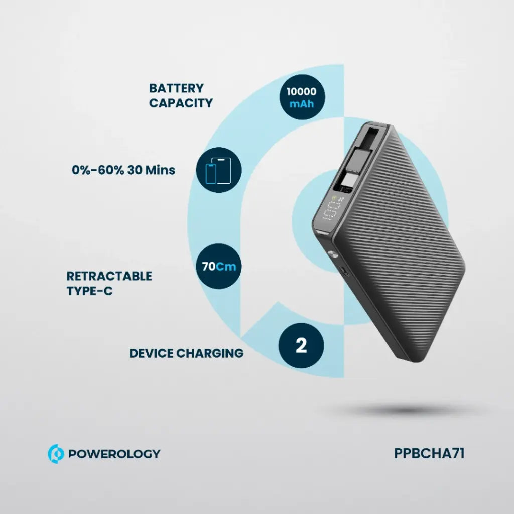 Powerology 10000mAh Retractable Cable Power Bank – 22W Powerology 10000mAh Retractable Cable Power Bank – 22W