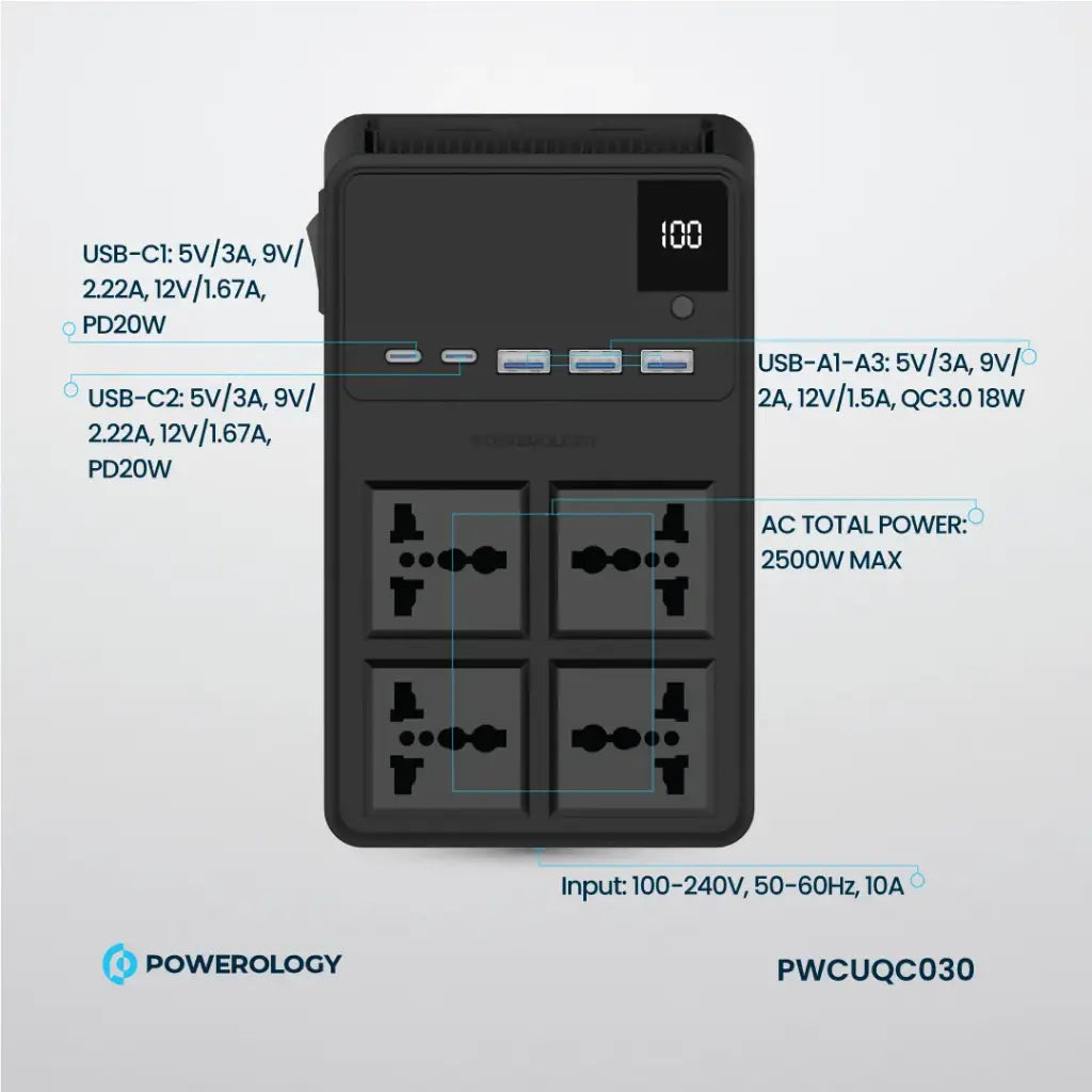 Powerology 2500W Power Strip with 4 AC Ports & Retractable Cables Powerology 2500W Power Strip with 4 AC Ports & Retractable Cables