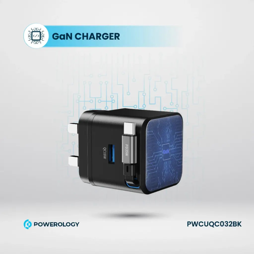 Powerology Retractable GaN Charger – Single Port | Compact & Fast
