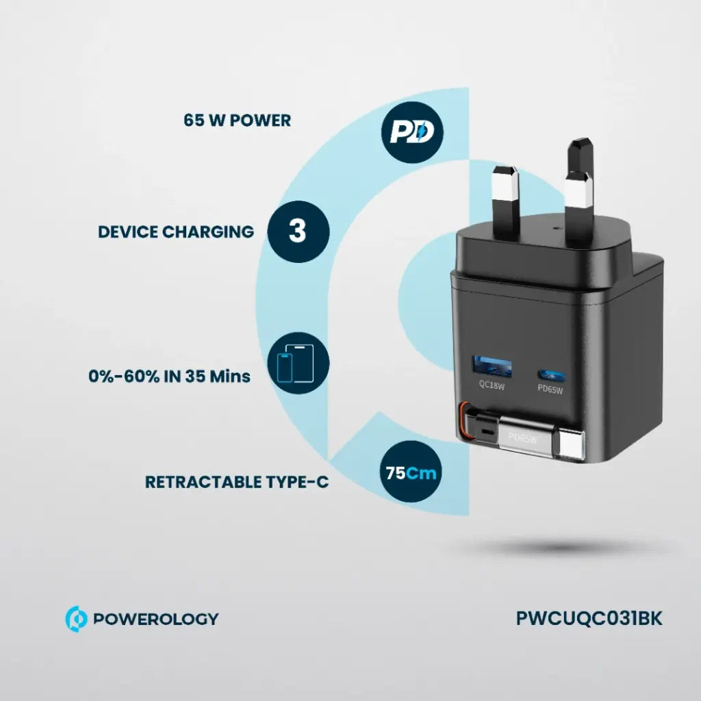 Powerology Retractable Dual-Port GaN Charger – Compact & Fast Powerology Retractable Dual-Port GaN Charger – Compact & Fast