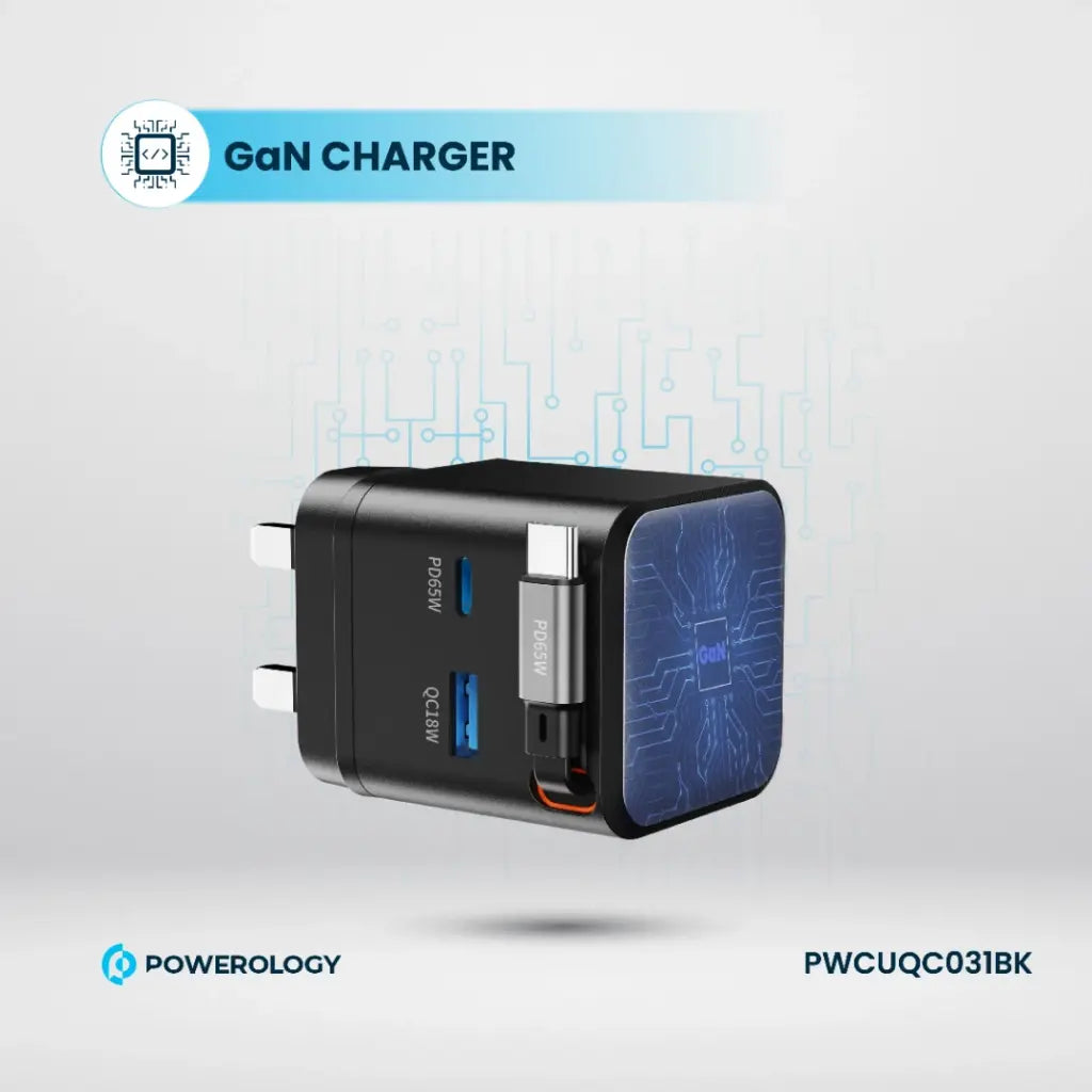 Powerology Retractable Dual-Port GaN Charger – Compact & Fast Powerology Retractable Dual-Port GaN Charger – Compact & Fast