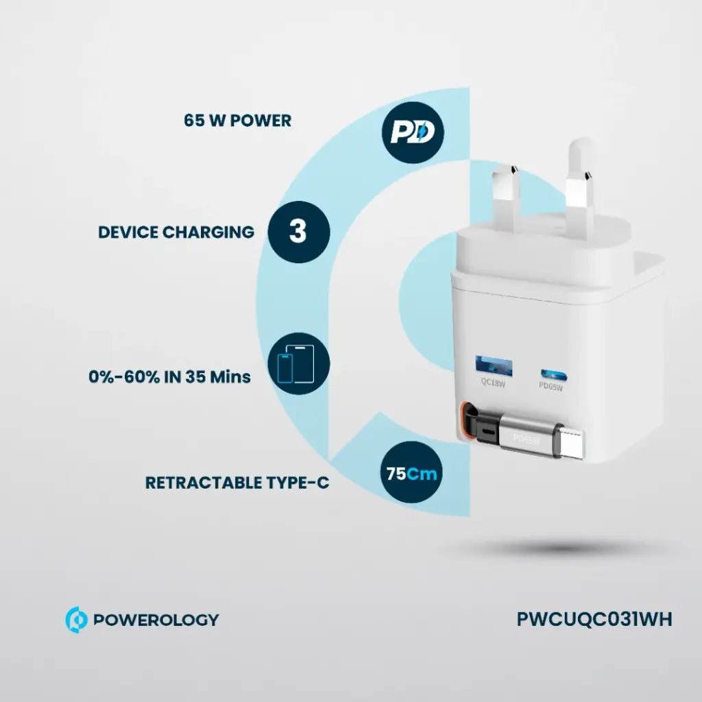 Powerology Retractable Dual-Port GaN Charger – Compact & Fast Powerology Retractable Dual-Port GaN Charger – Compact & Fast