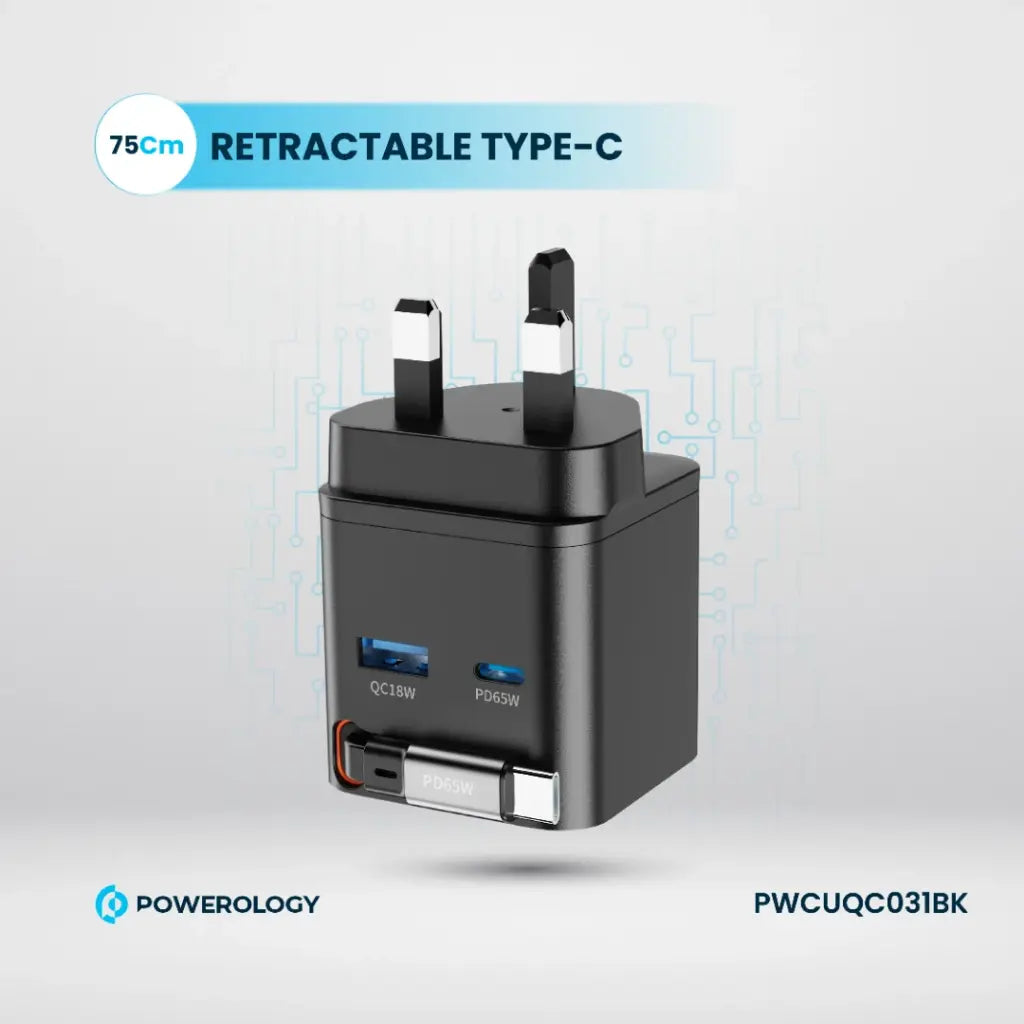 Powerology Retractable Dual-Port GaN Charger – Compact & Fast Powerology Retractable Dual-Port GaN Charger – Compact & Fast