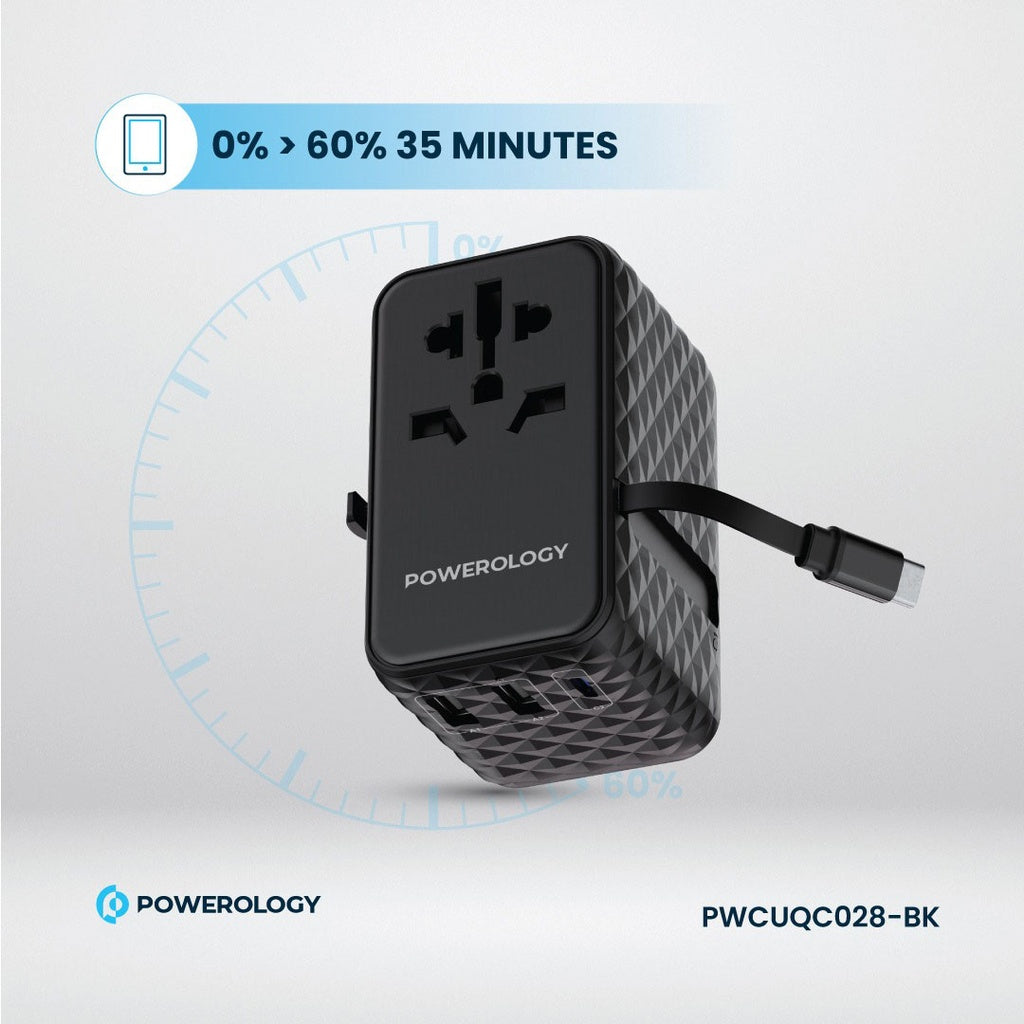 Powerology GaN Universal Charger with Retractable Type-C Cable