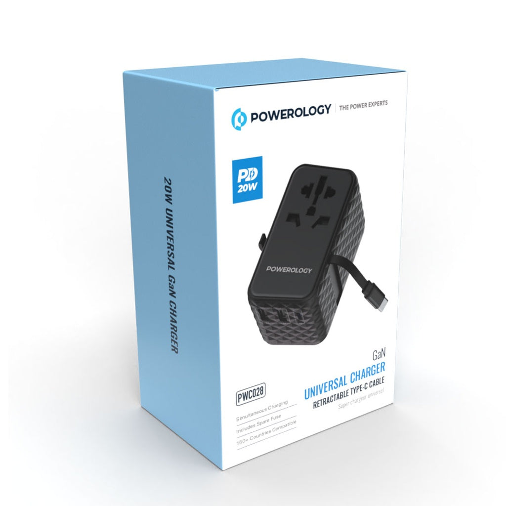 Powerology GaN Universal Charger with Retractable Type-C Cable Powerology GaN Universal Charger with Retractable Type-C Cable