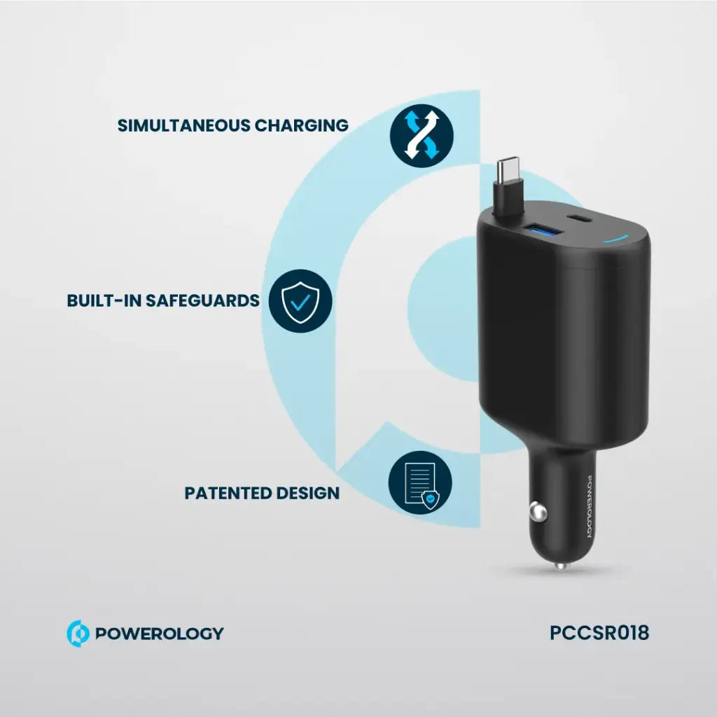 شاحن سيارة قابل للسحب Powerology Type-C 70W - أسود
