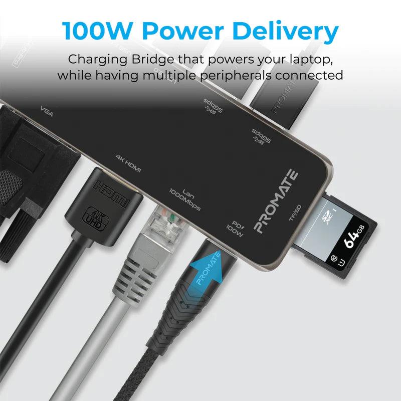 PROMATE PrimeHub-Pro Ultra-Fast Multiport USB-C Hub with 100W Power Delivery