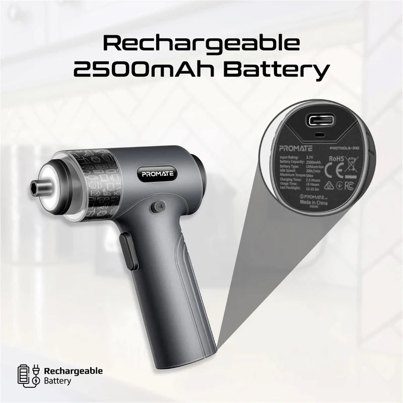 Promate ProTools-31G, Wireless Electric Screwdriver Kit with LED Fill Light