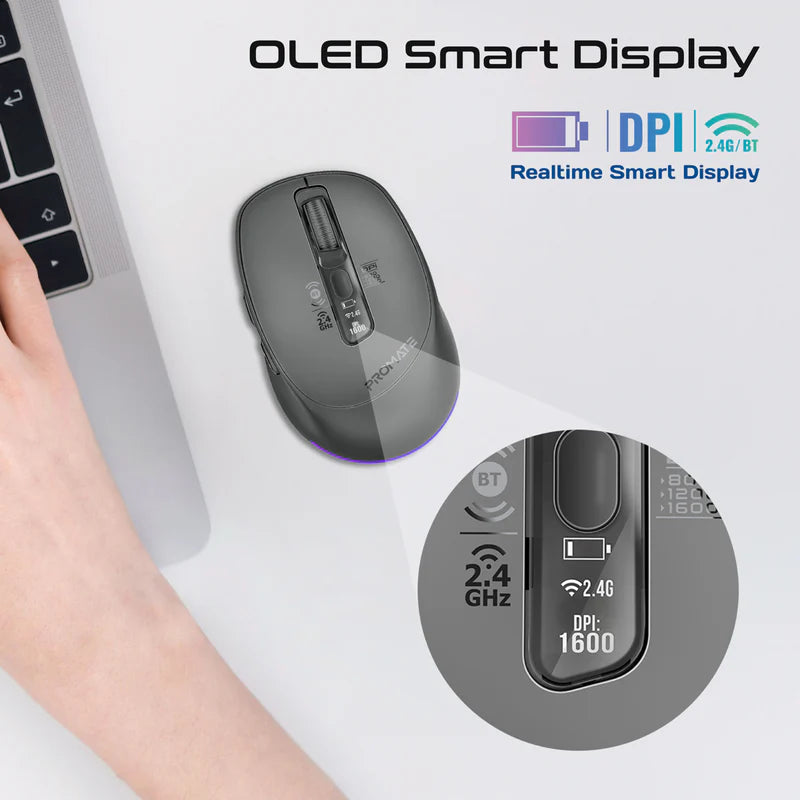 Promate Blix-3M Silent-Click 1600DPI Triple-Mode Rechargeable Mouse w/ Multi-Device Connectivity