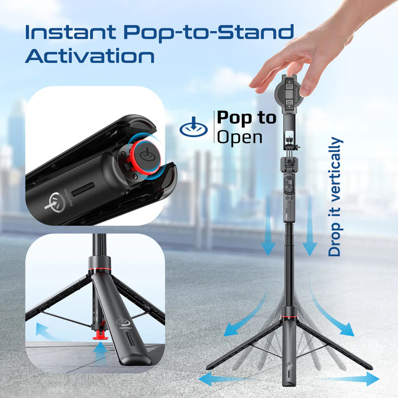Promate TriPop-Ai 360° Ai Face Tracking Telescopic Selfie Stick with Auto Pop open Tripod Base