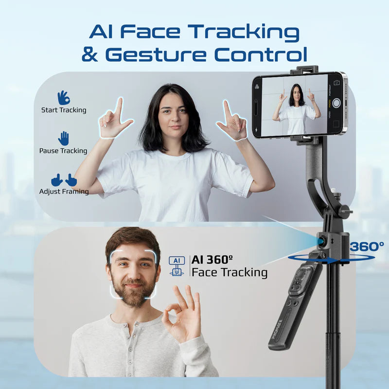 Promate TriPop-Ai 360° Ai Face Tracking Telescopic Selfie Stick with Auto Pop open Tripod Base
