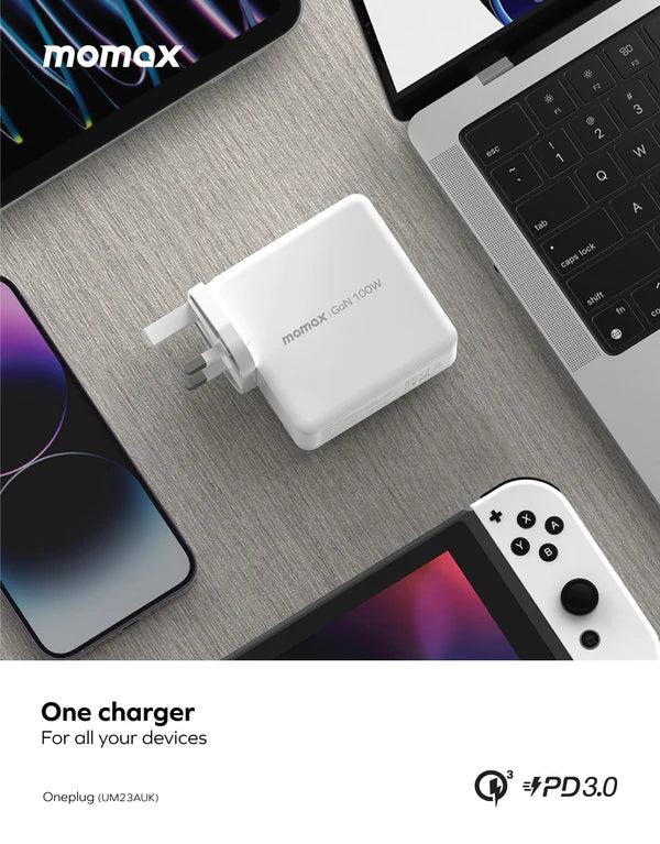 Momax ONEPLUG 100W 4 Port GaN Charger Fast & Efficient - Black & White Momax ONEPLUG 100W 4 Port GaN Charger Fast & Efficient - Black & White