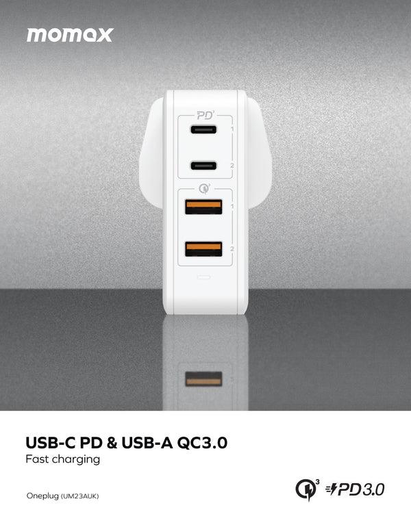 Momax ONEPLUG 100W 4 Port GaN Charger Fast & Efficient - Black & White Momax ONEPLUG 100W 4 Port GaN Charger Fast & Efficient - Black & White