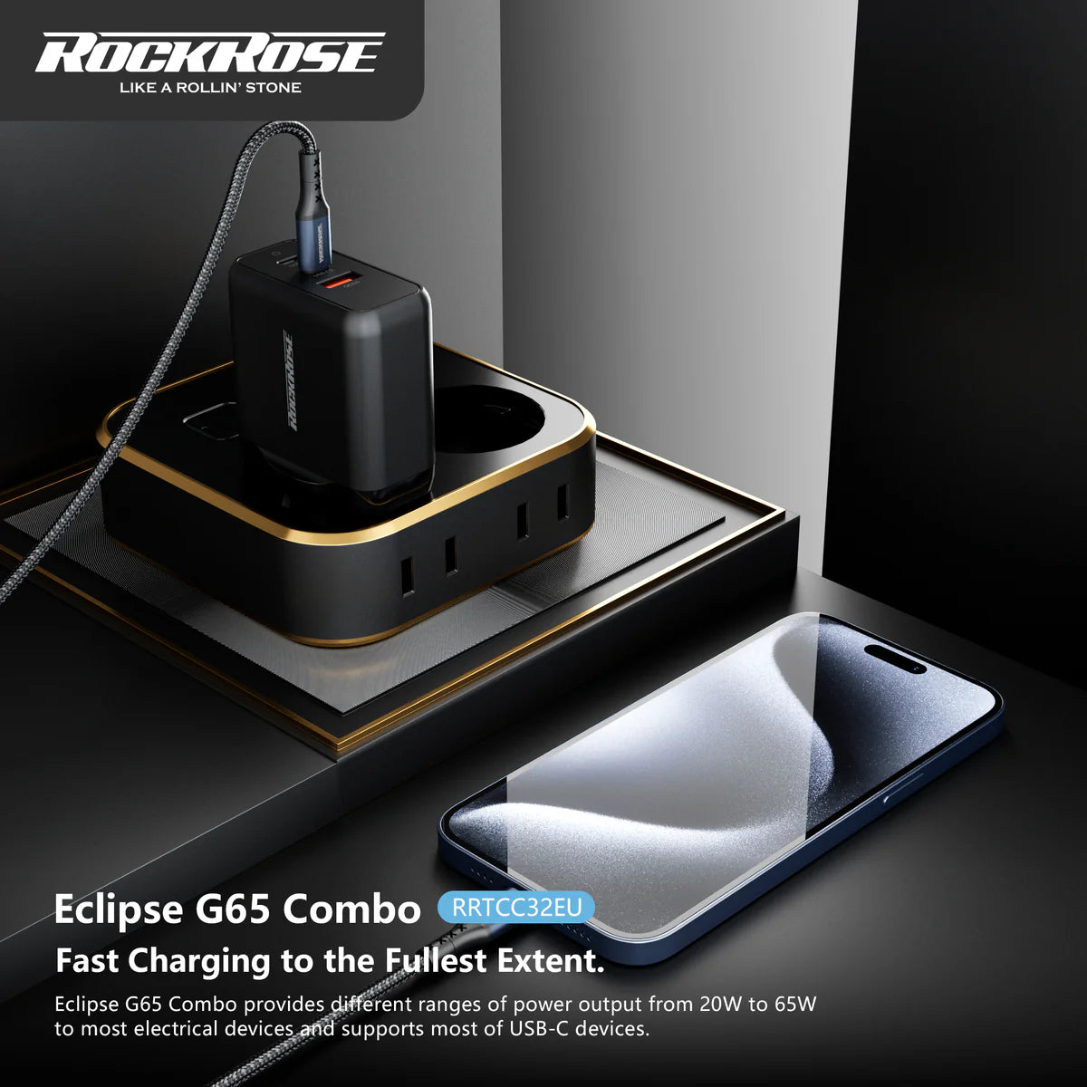 RockRose 65W PD & QC 3.0 3 Port 1M USB C to USB C Cable - Black