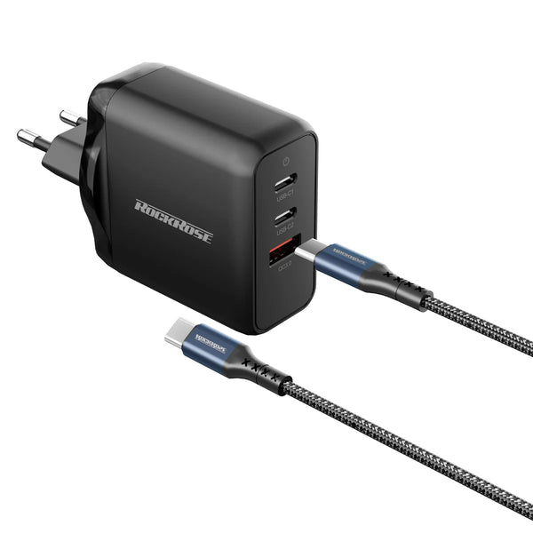 RockRose 65W PD & QC 3.0 3 Port 1M USB C to USB C Cable - Black