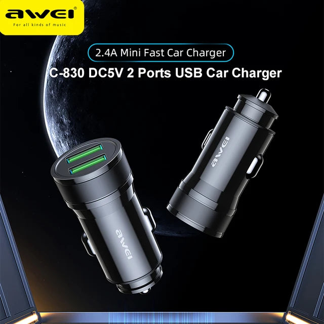 Awei 2.4A USB Car Charger Dual-Output USB Super Fast Charging Chargers COD