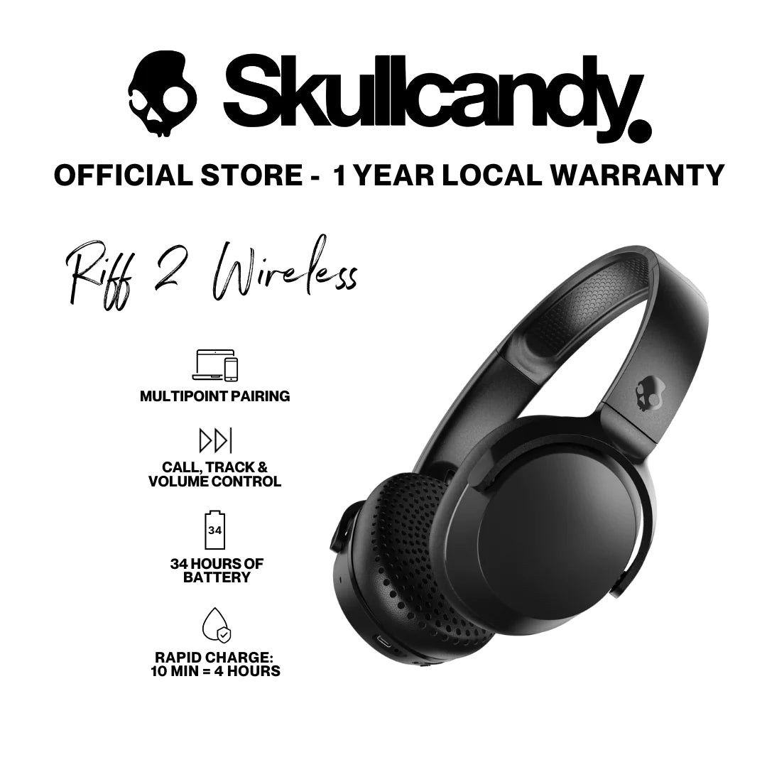 Skullcandy Riff 2 Wireless On-Ear Headphones: 34 Hr Battery, Mic - Black