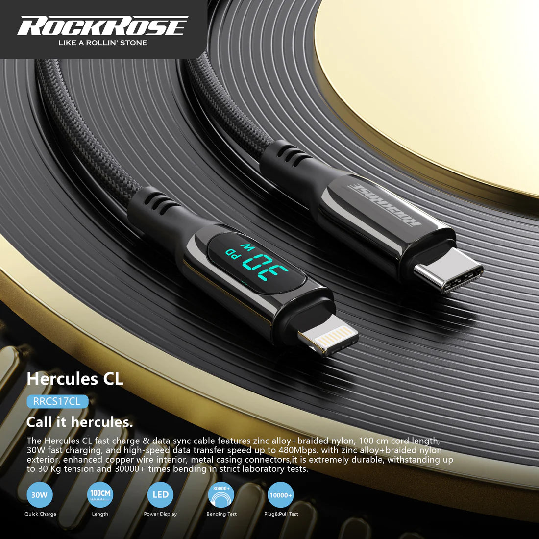 RockRose Hercules 1.2m USB-C to Lightning Cable - 30W PD Fast Charging - Icey Blue Indicator Light Digital Power Display