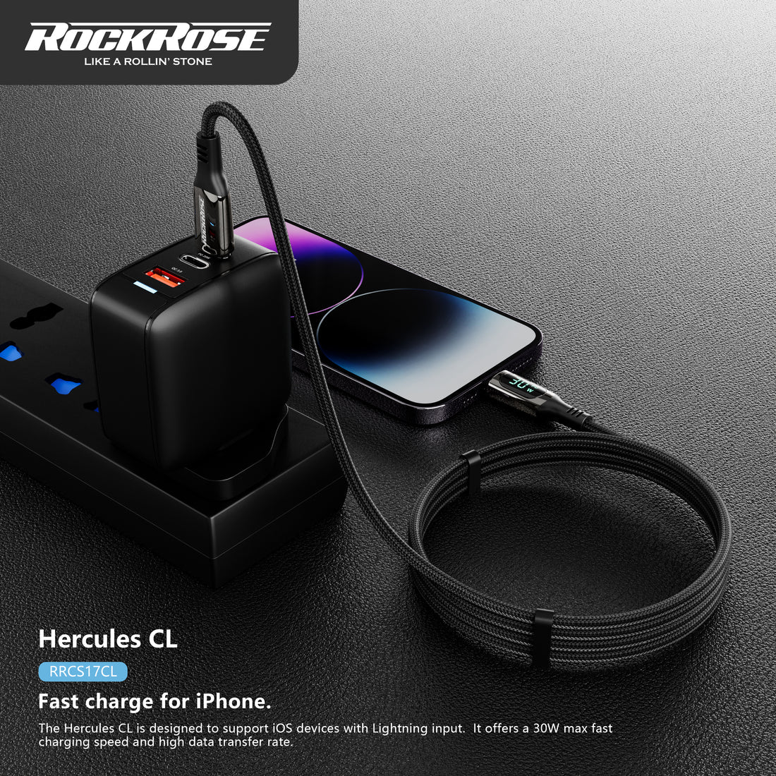 RockRose Hercules 1.2m USB C to Lightning Cable 30W Fast Charging - Black RockRose Hercules 1.2m USB C to Lightning Cable 30W Fast Charging - Black