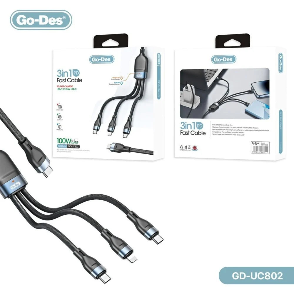 GO-DES 3 in 1 PD Multiport Cable Type-C to 2 Type-C 1 Lightning