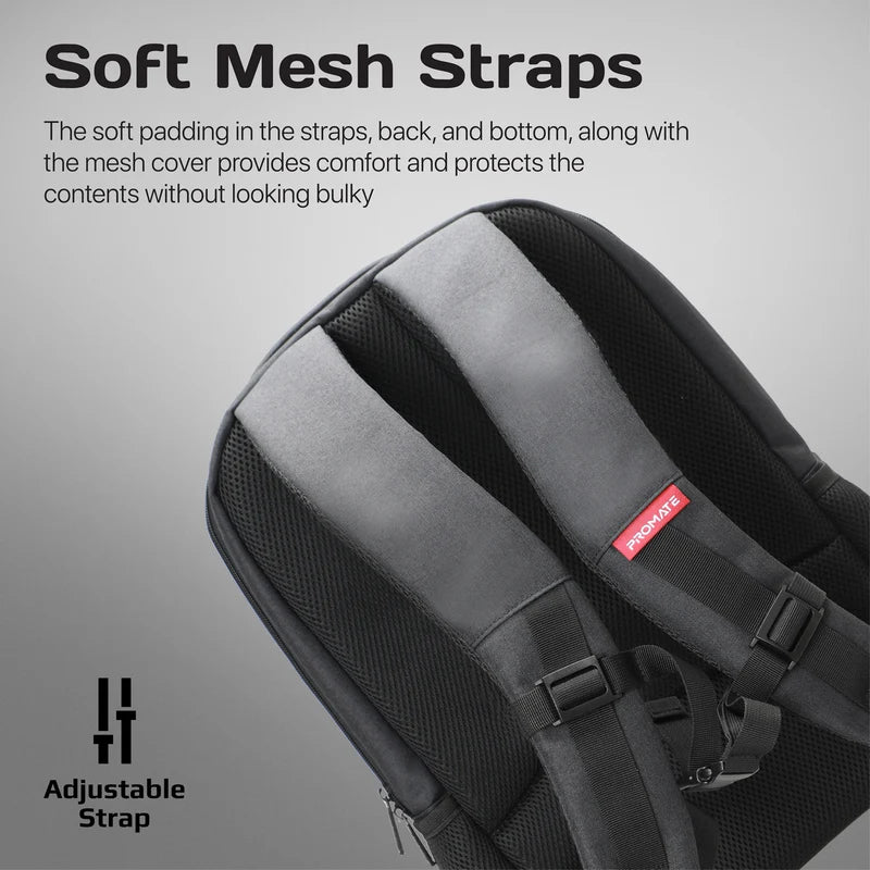 Promate Satchel-BP 15.6-Inch Laptop Backpack, Shoulder Backpack with Multiple Pockets - Black