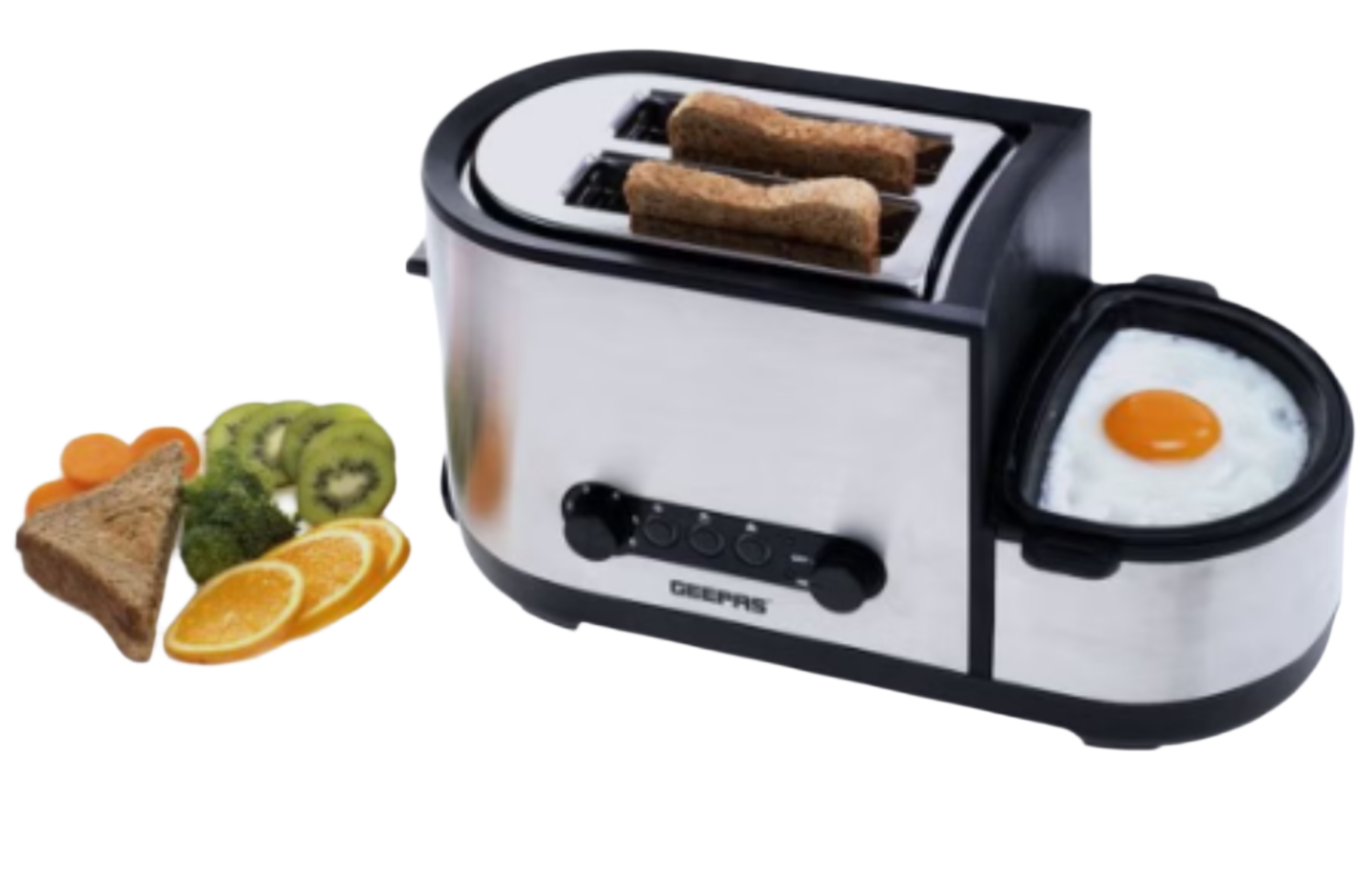 Geepas 5-in-1 Toaster with Egg Boiler & Poachers Stainless Steel