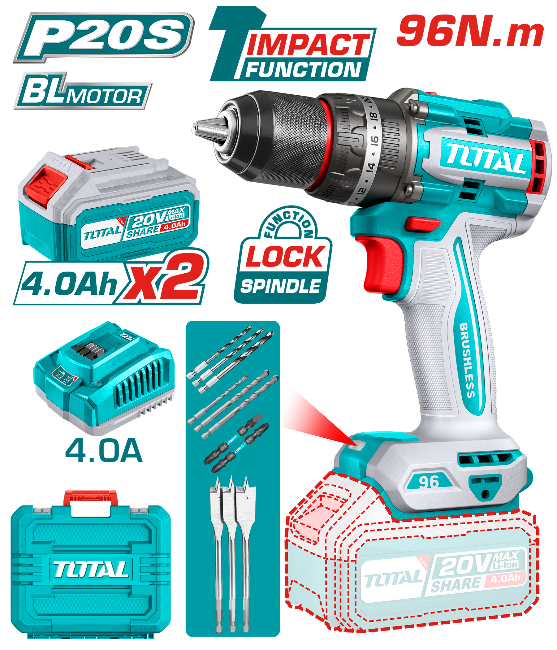 درل شحن بدون فحمات 96 نيوتن متر توتال 20V (TIDLI20968)