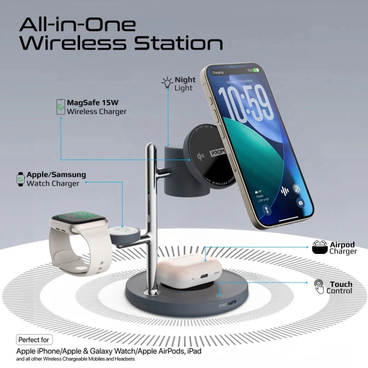 محطة الشحن اللاسلكي بروميت سينرجي-3 4 في 1 المعتمدة بتقنية Qi2 والمتوافقة مع MagSafe