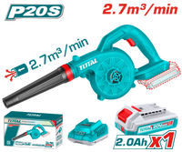TOTAL Cordless Blower with 2.0Ah Battery and Charger – 20V, 18000rpm, 2.7 m³/min Air Volume (TABLI20781)