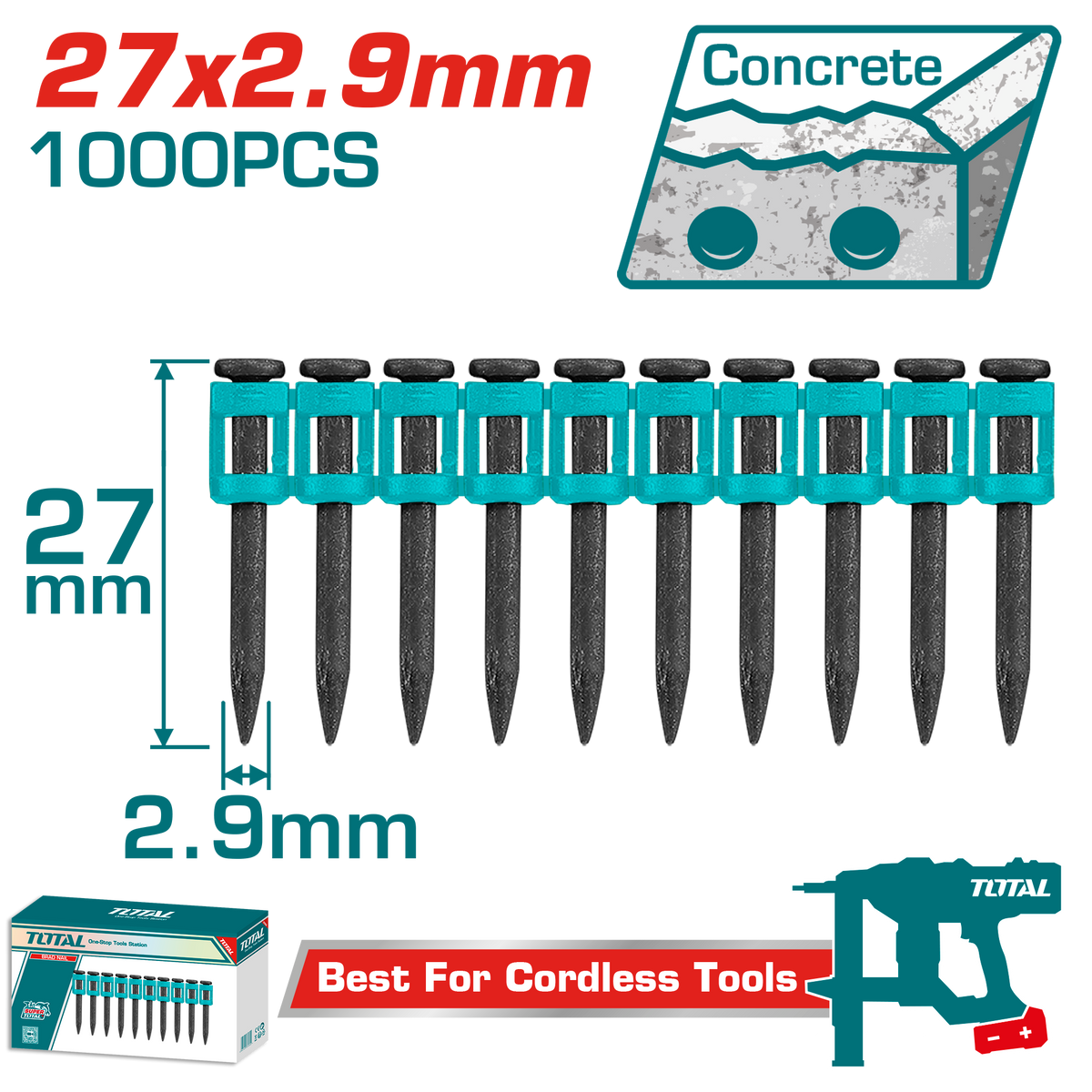TOTAL Continuous Firing Nails 27mm – 60# Steel 1000pcs/Box (TAC02271)