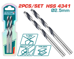 TOTAL 2 Pcs HSS Drill Bit set 2.5mm – 135° Tip HSS 4341 Steel (TAC1200254)