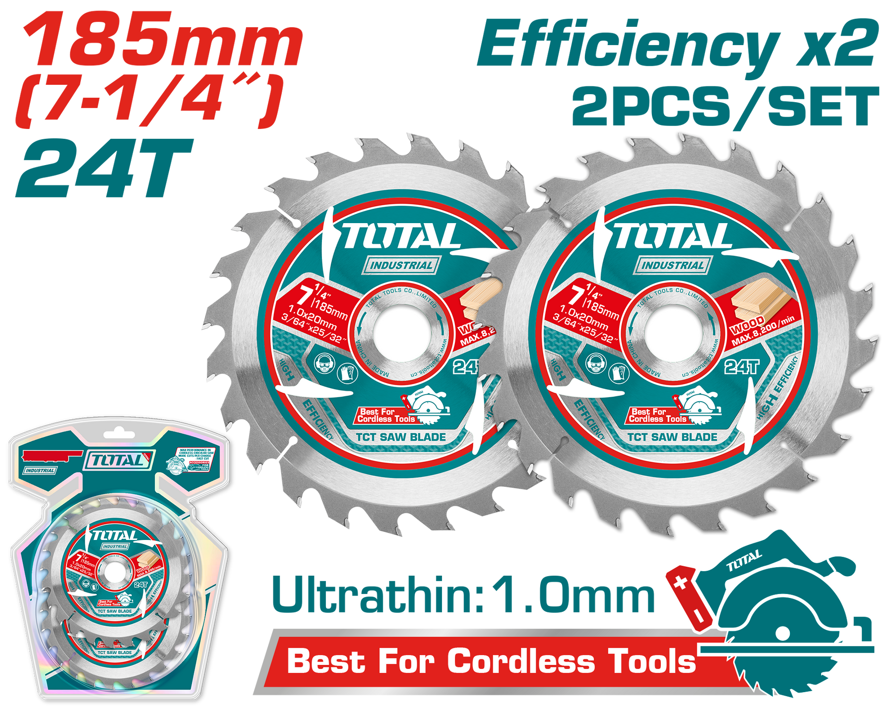 TOTAL 185mm TCT Saw Blade Set – 2pcs, 24T (TAC2331853)