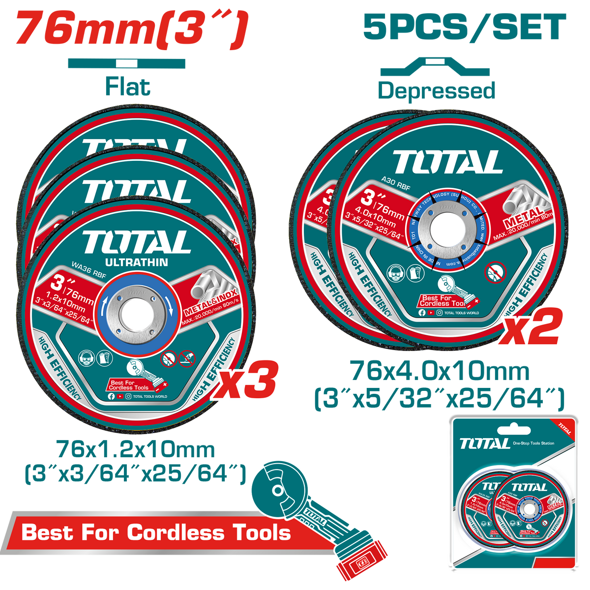 TOTAL 5 Pcs Abrasive Metal Cutting & Grinding Disc Set 76mm | 3" (TAC303768)