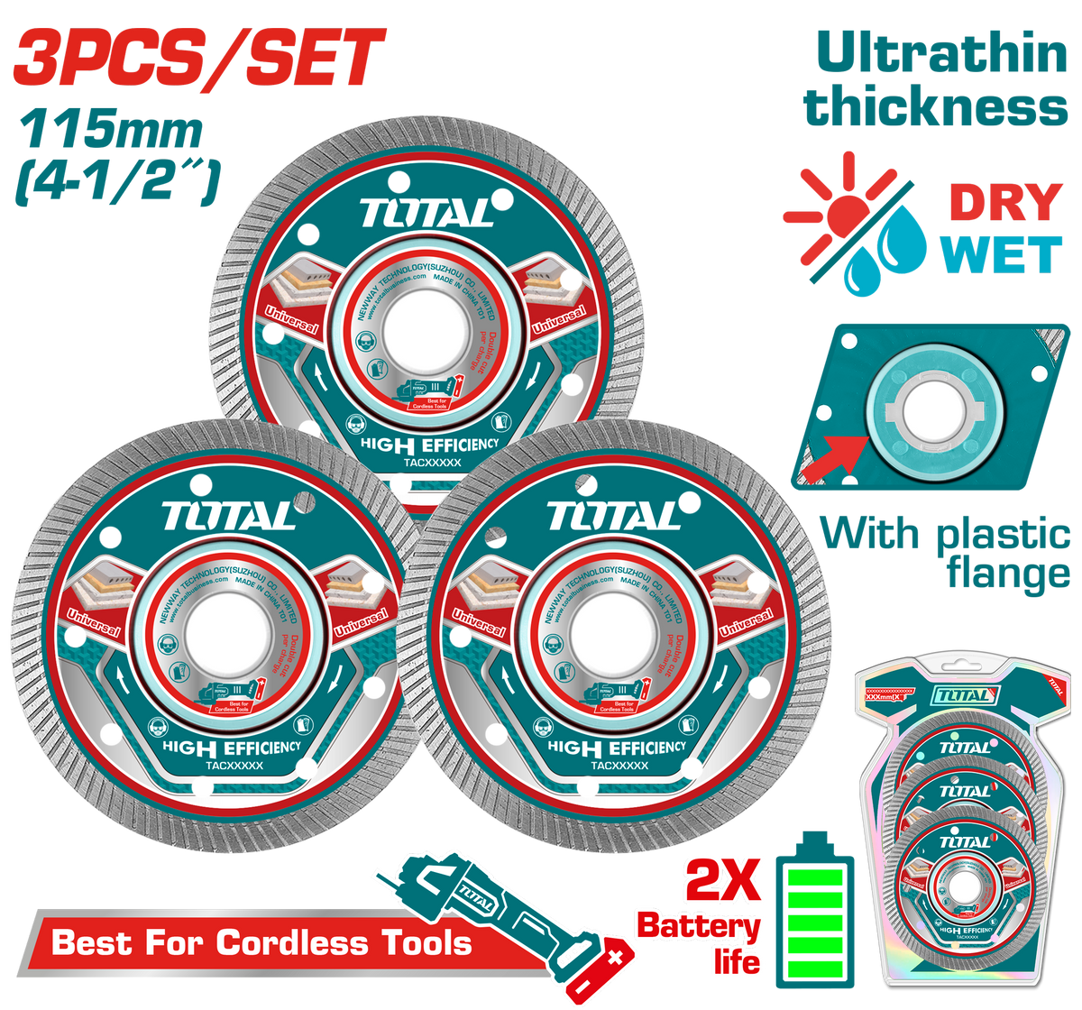 TOTAL Diamond Disc Set for Cordless Angle Grinder – 3 Pcs 115mm / 4.5" (TAC511153)